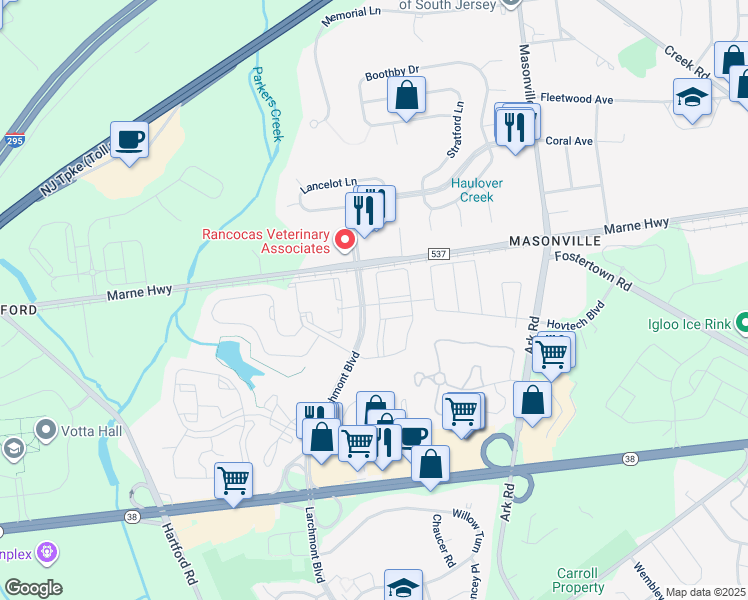 map of restaurants, bars, coffee shops, grocery stores, and more near 3206 Saxony Drive in Mount Laurel Township