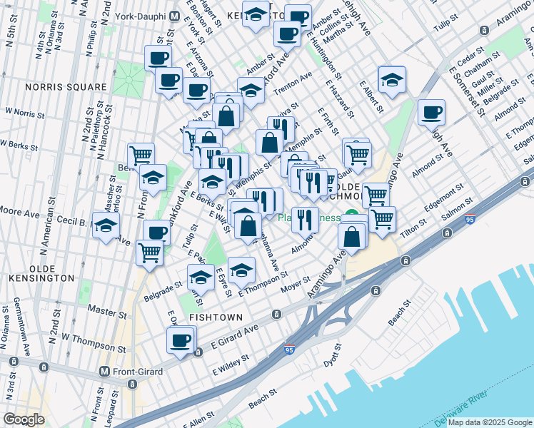 map of restaurants, bars, coffee shops, grocery stores, and more near 2437 East Dauphin Street in Philadelphia