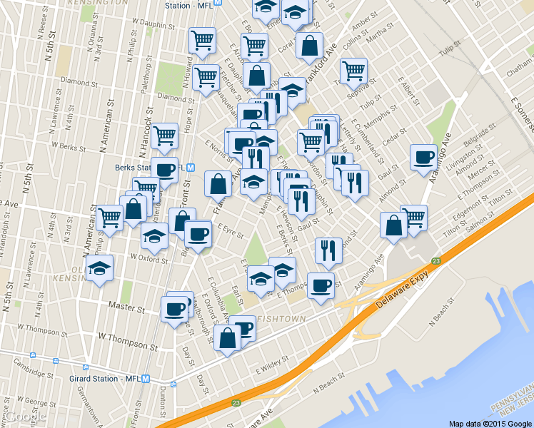 map of restaurants, bars, coffee shops, grocery stores, and more near in Philadelphia