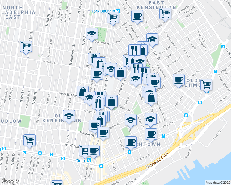 map of restaurants, bars, coffee shops, grocery stores, and more near 1767 Frankford Avenue in Philadelphia