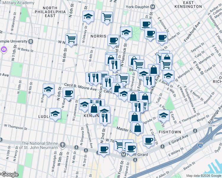 map of restaurants, bars, coffee shops, grocery stores, and more near in Philadelphia