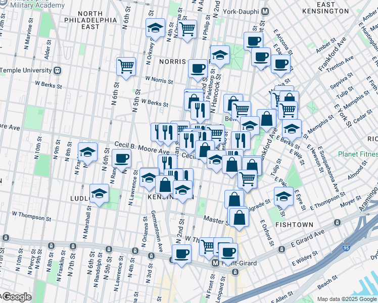 map of restaurants, bars, coffee shops, grocery stores, and more near 1701 North 2nd Street in Philadelphia
