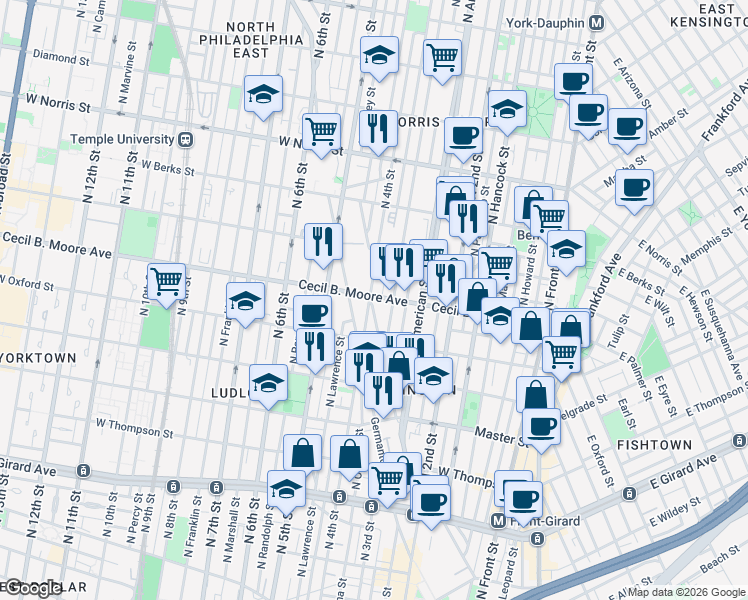 map of restaurants, bars, coffee shops, grocery stores, and more near 1702 North 3rd Street in Philadelphia