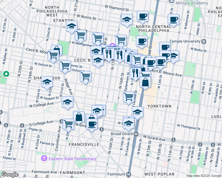 map of restaurants, bars, coffee shops, grocery stores, and more near 1684 West Jefferson Street in Philadelphia