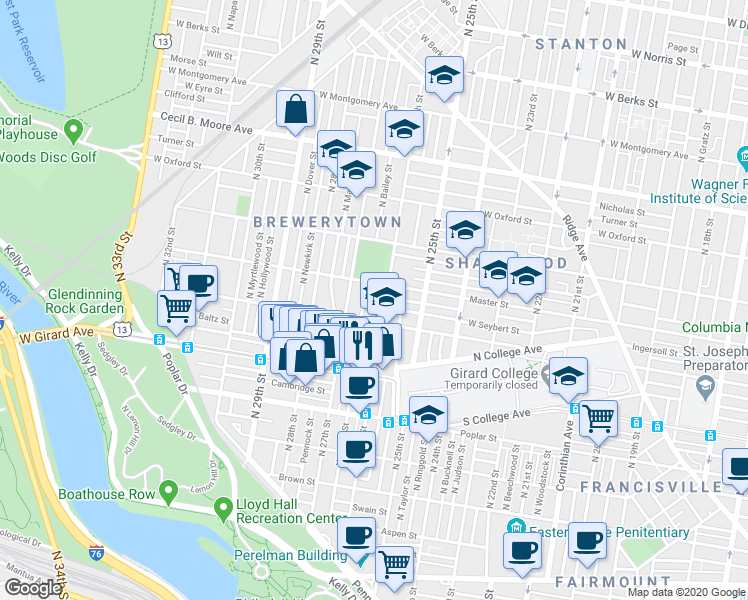map of restaurants, bars, coffee shops, grocery stores, and more near 1328 North 26th Street in Philadelphia