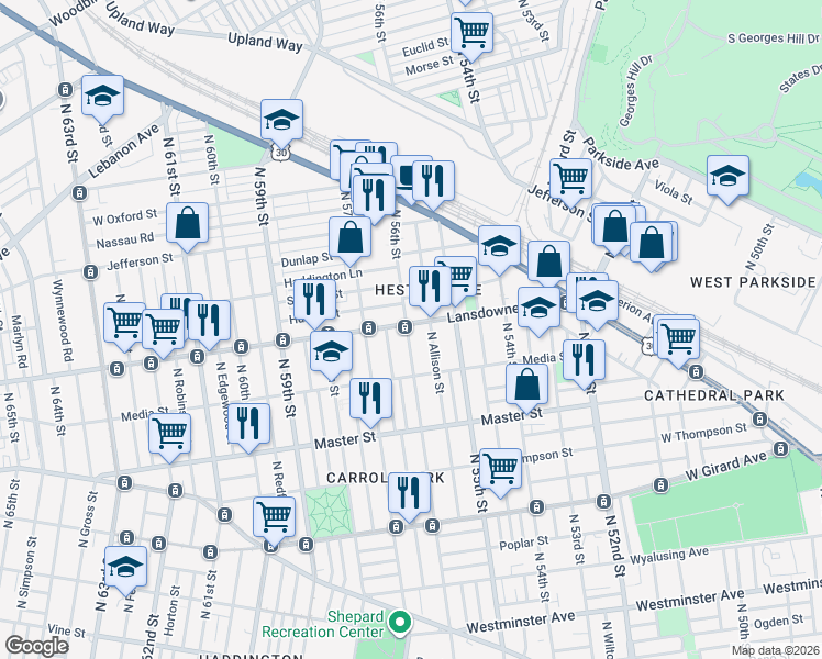 map of restaurants, bars, coffee shops, grocery stores, and more near in Philadelphia