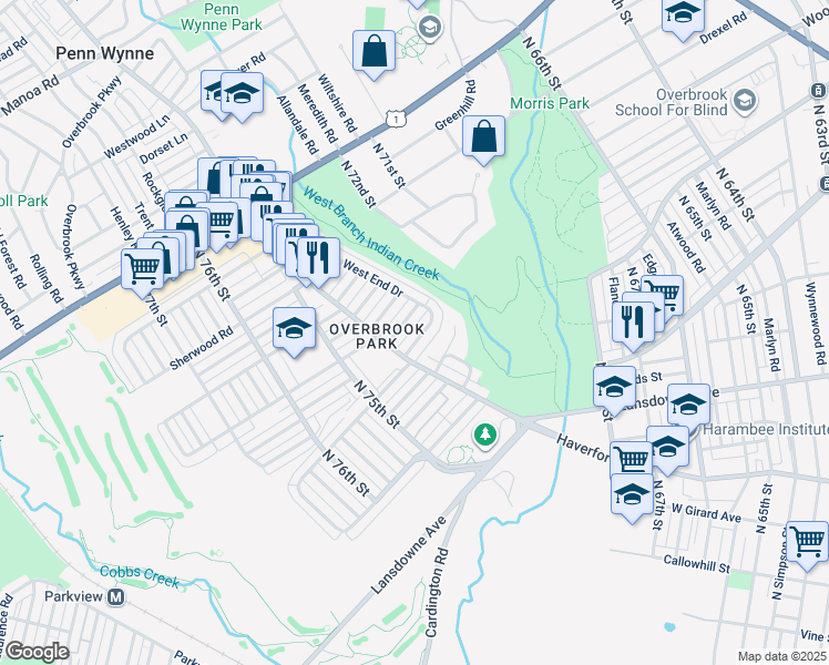 map of restaurants, bars, coffee shops, grocery stores, and more near 7327 Malvern Avenue in Philadelphia