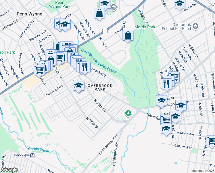 map of restaurants, bars, coffee shops, grocery stores, and more near 7323 Malvern Avenue in Philadelphia