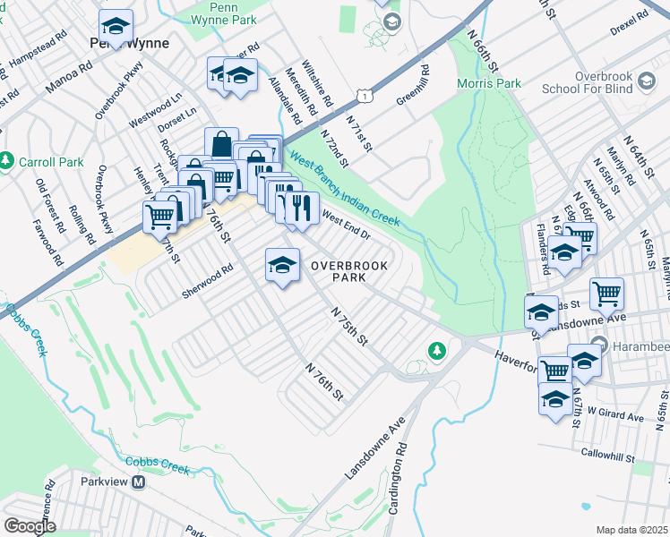 map of restaurants, bars, coffee shops, grocery stores, and more near 7419 Drexel Road in Philadelphia