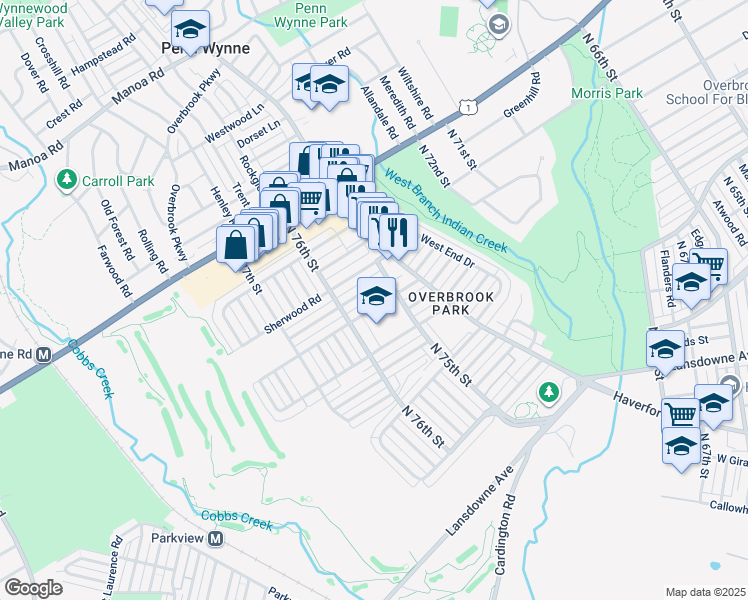 map of restaurants, bars, coffee shops, grocery stores, and more near 7511 Brookhaven Road in Philadelphia
