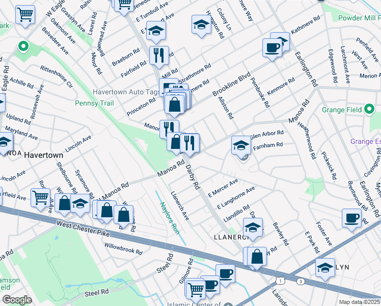 map of restaurants, bars, coffee shops, grocery stores, and more near 1011 Darby Road in Havertown