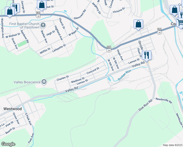 map of restaurants, bars, coffee shops, grocery stores, and more near 801 Madison Street in Coatesville