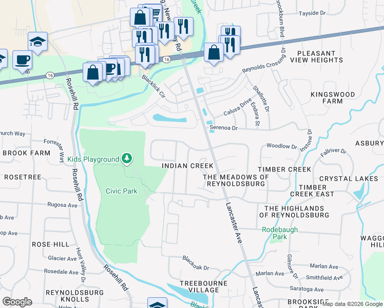 map of restaurants, bars, coffee shops, grocery stores, and more near 319 Trailblazer Lane in Reynoldsburg