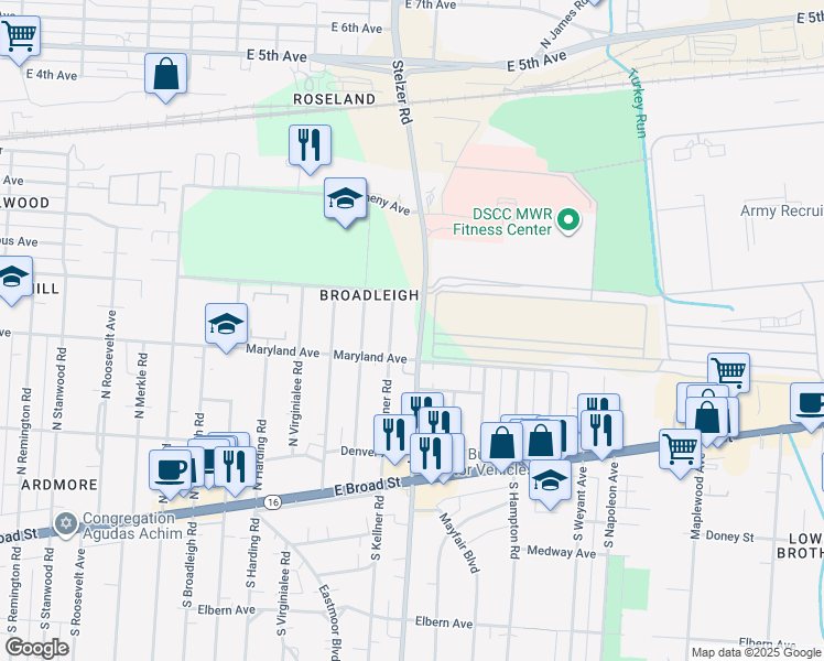 map of restaurants, bars, coffee shops, grocery stores, and more near 212 North Kellner Road in Columbus