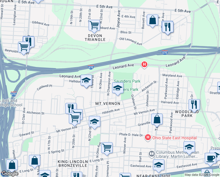 map of restaurants, bars, coffee shops, grocery stores, and more near 500 North Champion Avenue in Columbus