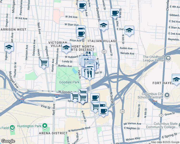 map of restaurants, bars, coffee shops, grocery stores, and more near 684 North Pearl Street in Columbus