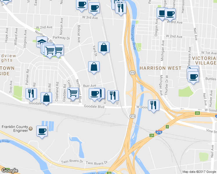 map of restaurants, bars, coffee shops, grocery stores, and more near 784 Brooks Way in Columbus
