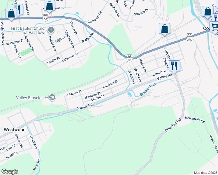 map of restaurants, bars, coffee shops, grocery stores, and more near 801 Madison Street in Coatesville