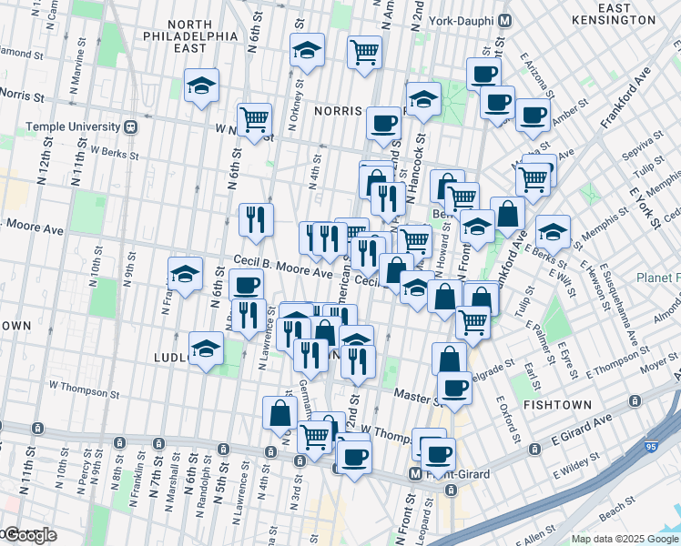 map of restaurants, bars, coffee shops, grocery stores, and more near 1702 North American Street in Philadelphia