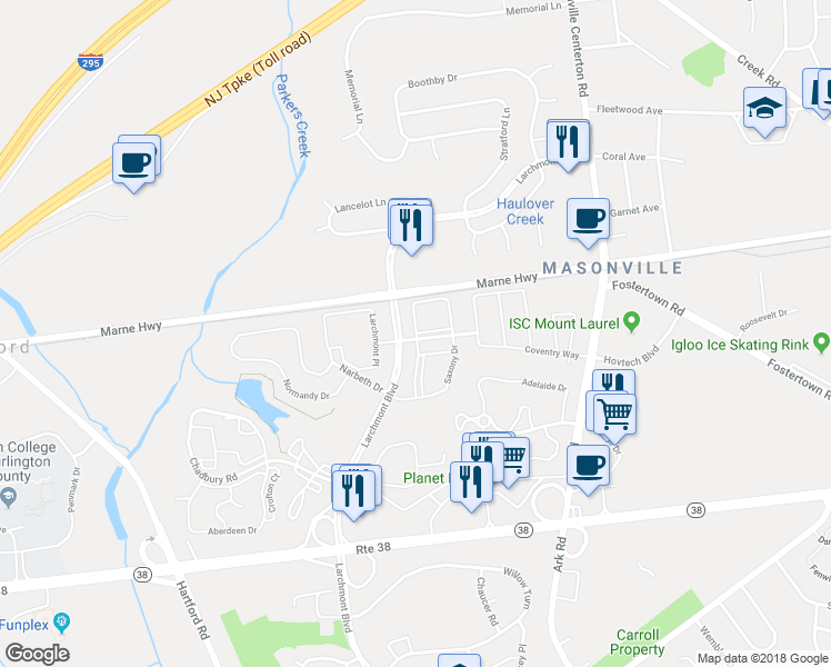 map of restaurants, bars, coffee shops, grocery stores, and more near 4009 Saxony Drive in Mount Laurel