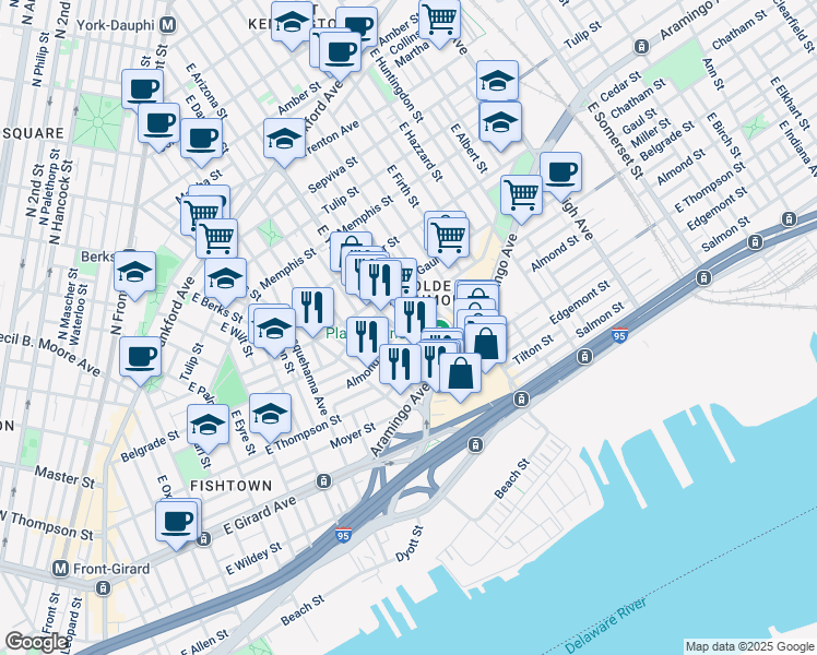 map of restaurants, bars, coffee shops, grocery stores, and more near 2405 Almond Street in Philadelphia