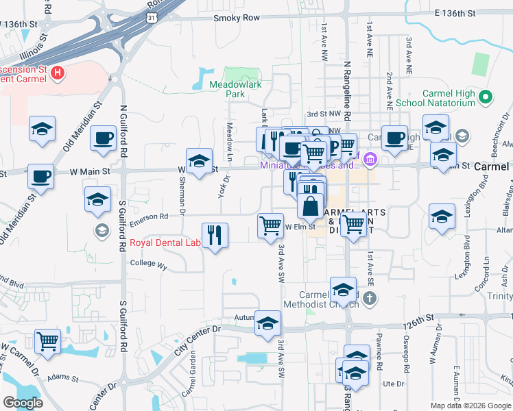 map of restaurants, bars, coffee shops, grocery stores, and more near 438 Emerson Road in Carmel