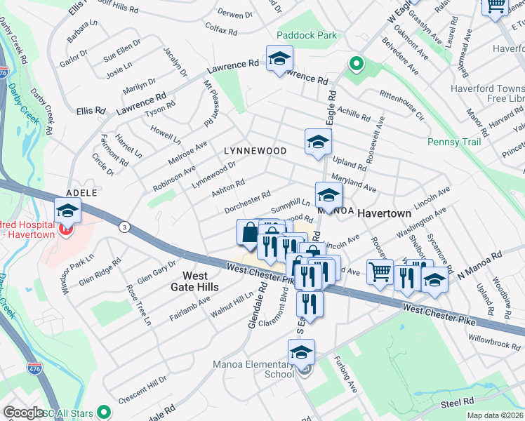 map of restaurants, bars, coffee shops, grocery stores, and more near 1428 Sunnyhill Lane in Havertown