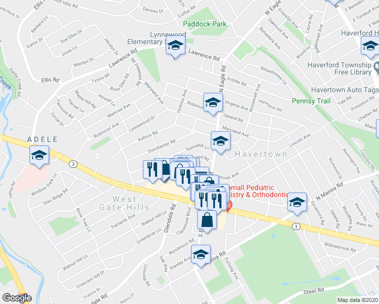 map of restaurants, bars, coffee shops, grocery stores, and more near 1413 Sunnyhill Lane in Havertown