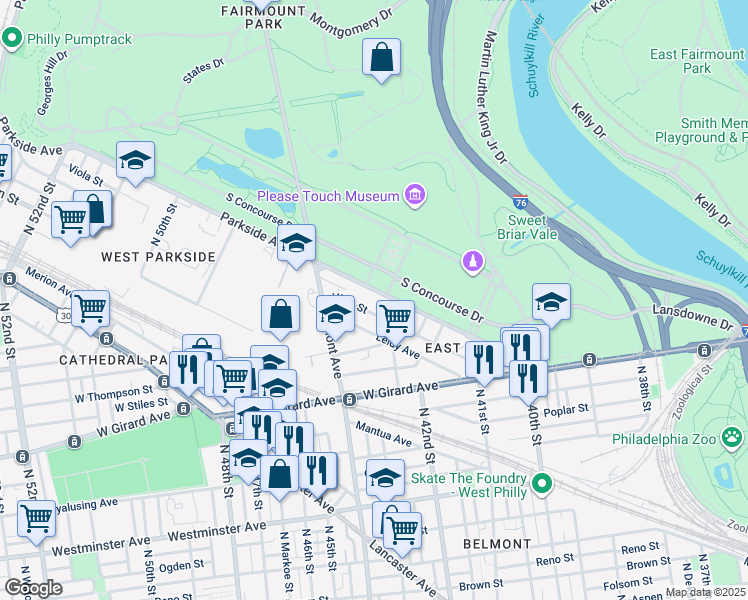 map of restaurants, bars, coffee shops, grocery stores, and more near 4232 Parkside Avenue in Philadelphia
