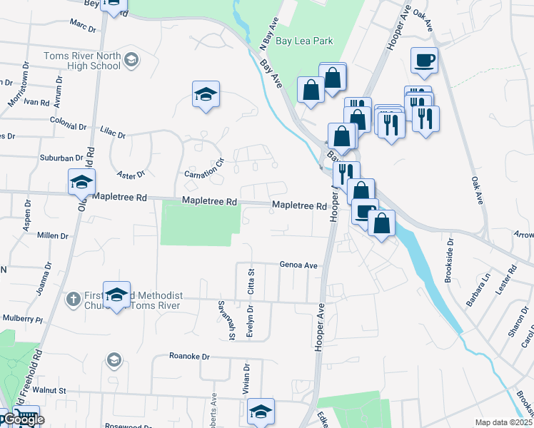 map of restaurants, bars, coffee shops, grocery stores, and more near 402 Bent Trail in Toms River