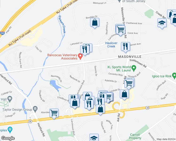 map of restaurants, bars, coffee shops, grocery stores, and more near 4007 Saxony Drive in Mount Laurel