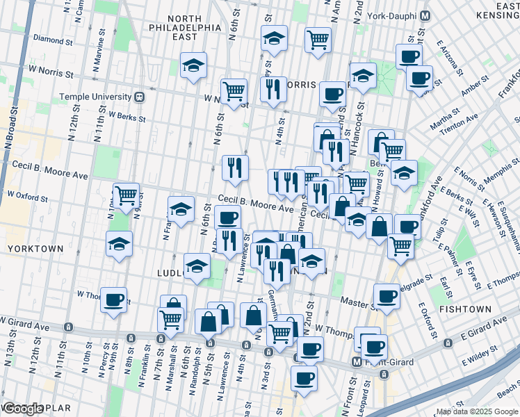 map of restaurants, bars, coffee shops, grocery stores, and more near 330 Cecil B. Moore Avenue in Philadelphia