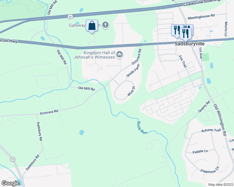 map of restaurants, bars, coffee shops, grocery stores, and more near 12 Wick Drive in Parkesburg