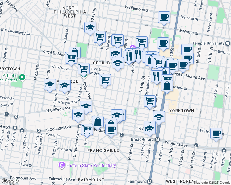 map of restaurants, bars, coffee shops, grocery stores, and more near 1420 North 18th Street in Philadelphia