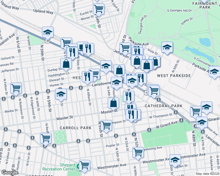 map of restaurants, bars, coffee shops, grocery stores, and more near 1529 North 54th Street in Philadelphia