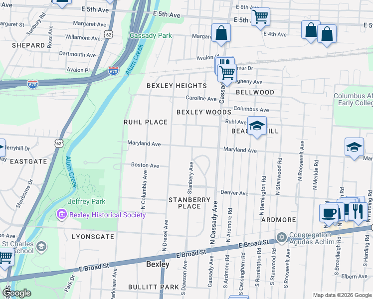 map of restaurants, bars, coffee shops, grocery stores, and more near 317 Stanbery Avenue in Columbus