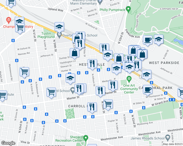 map of restaurants, bars, coffee shops, grocery stores, and more near 5534 Lansdowne Avenue in Philadelphia