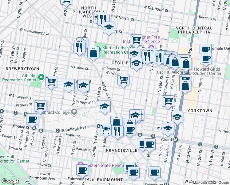 map of restaurants, bars, coffee shops, grocery stores, and more near 1945 Harlan Street in Philadelphia