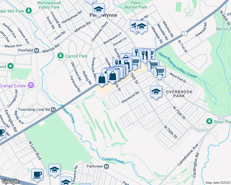 map of restaurants, bars, coffee shops, grocery stores, and more near 1851 Merribrook Road in Philadelphia