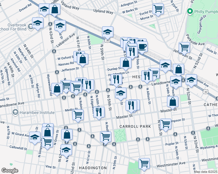map of restaurants, bars, coffee shops, grocery stores, and more near 1615 North 59th Street in Philadelphia