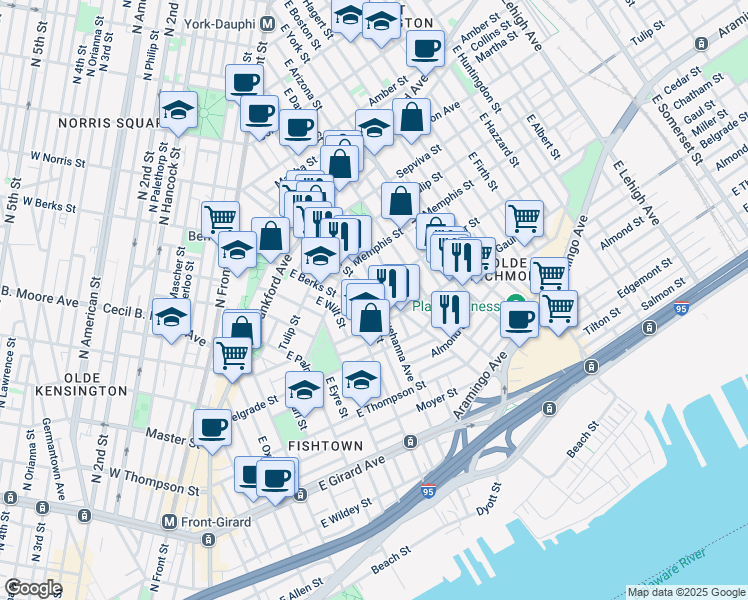 map of restaurants, bars, coffee shops, grocery stores, and more near 1530 East Susquehanna Avenue in Philadelphia