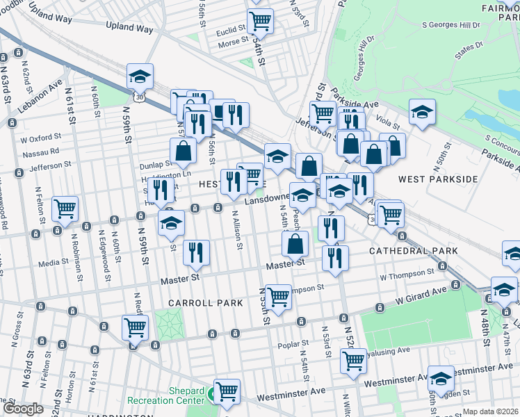 map of restaurants, bars, coffee shops, grocery stores, and more near 5440 Lansdowne Avenue in Philadelphia