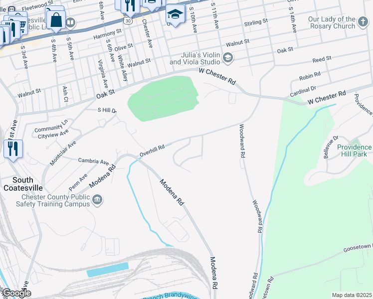 map of restaurants, bars, coffee shops, grocery stores, and more near 49 Lukens Mill Drive in Coatesville