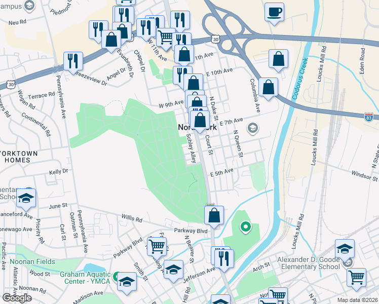 map of restaurants, bars, coffee shops, grocery stores, and more near 103 West 6th Avenue in York