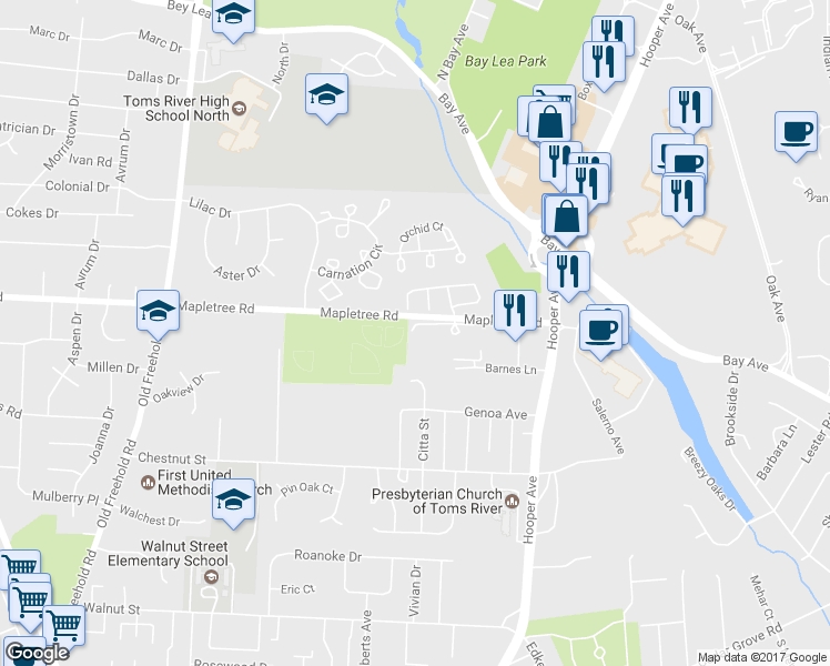 map of restaurants, bars, coffee shops, grocery stores, and more near 606 Bent Trail in Toms River