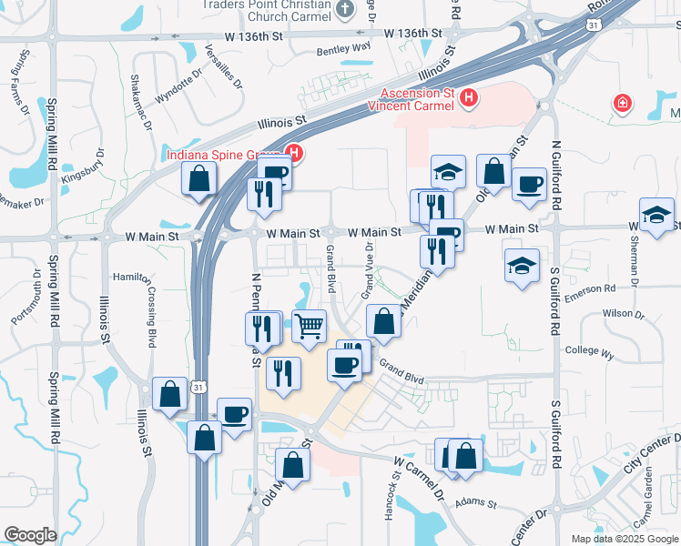 map of restaurants, bars, coffee shops, grocery stores, and more near 1285 Fairfax Manor Drive in Carmel