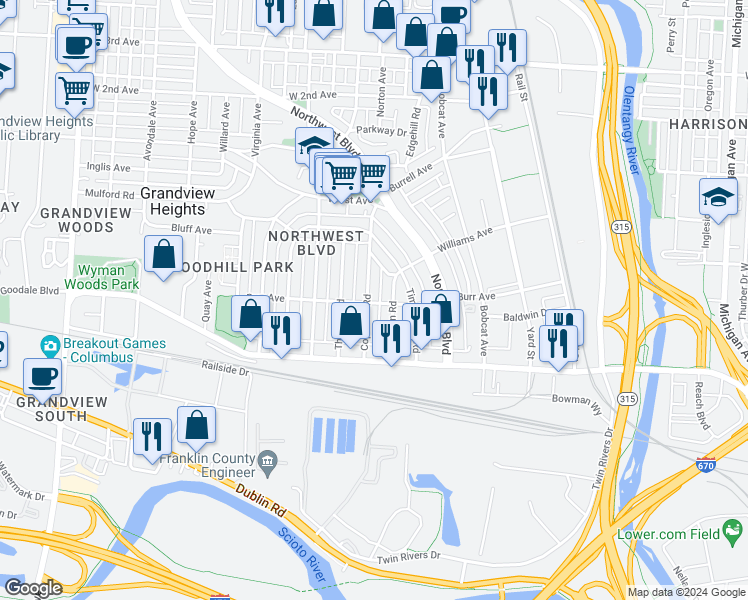 map of restaurants, bars, coffee shops, grocery stores, and more near 858 Copeland Road in Columbus