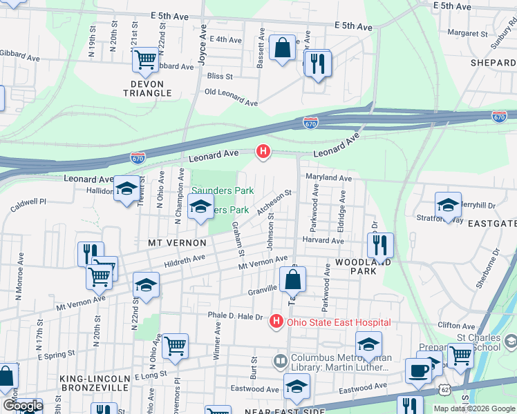 map of restaurants, bars, coffee shops, grocery stores, and more near 1478 Atcheson Street in Columbus