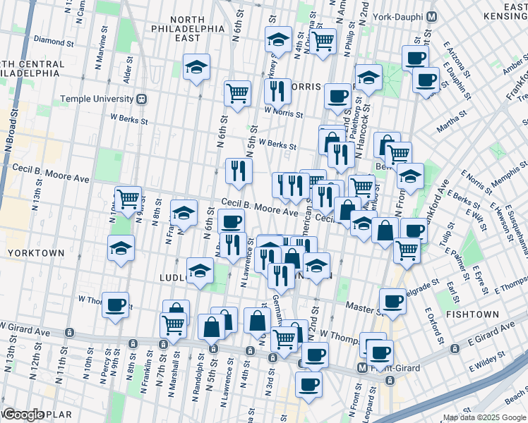 map of restaurants, bars, coffee shops, grocery stores, and more near 330 Cecil B. Moore Avenue in Philadelphia
