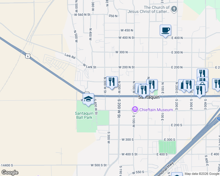map of restaurants, bars, coffee shops, grocery stores, and more near 265 Spruce Way in Santaquin